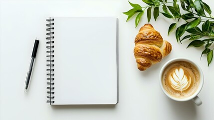 notebook croissant and cup of coffee on office