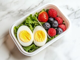 Healthy bento box meal prep with salad kitchen food photography minimalist aesthetic top view nutrition focus