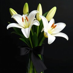 Obraz premium Black crepe ribbon interwoven with pristine white lilies , overhead, black ribbon, funeral arrangement