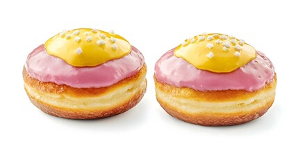 two delicious donuts with yellow and pink