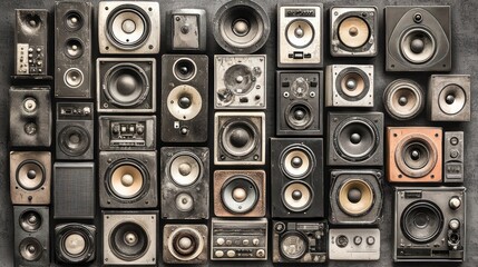 Vintage speakers wall collage, textured background, audio history, music backdrop