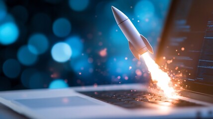 Rocket blasting off from laptop, symbolizing launch or startup