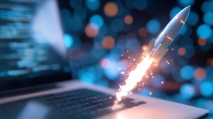Rocket taking off from laptop, represents tech launch or startup, with code and bokeh lights