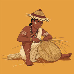Obraz premium Indigenous Person Weaving Basket with Straw Materials and Traditional Clothing