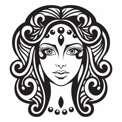 Stunning Black and White Vector Illustration of a Woman's Face with Ornamental Details