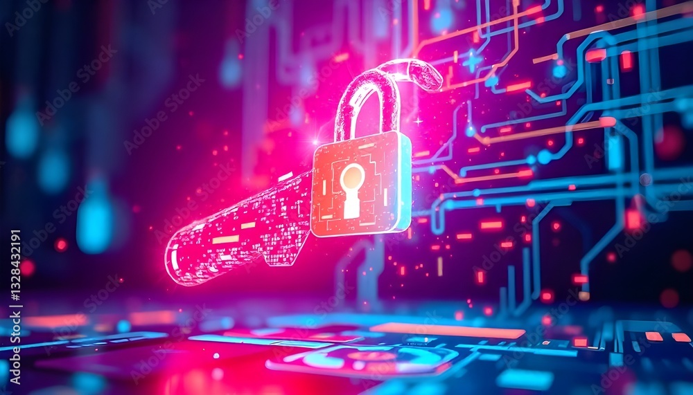 Poster a pixelated, tech-inspired glowing key, visually unlocking in a burst of vibrant digital light, perf
