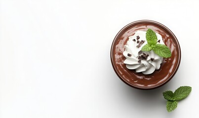 Indulgent Chocolate Dessert Topped with Whipped Cream and Fresh Mint Leaves on a Clean White Background