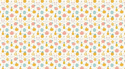 Vector Cute Kawaii Doodle Pattern Featuring Happy Fruits Whimsical Animals and Sparkling Stars in Soft Tones
