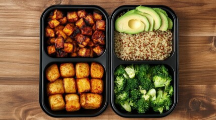 Healthy organic meal prep quinoa bowls with roasted veggies and avocado kitchen food photography bright environment top view
