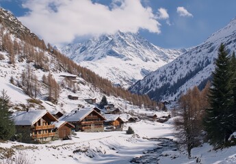 Fototapeta premium Serene Snowy Mountain Landscape with Charming Chalets Under Blue Sky and Majestic Peaks in Winter Wonderland