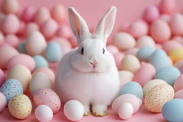 Easter bunny surrounded by pastel colored eggs on a soft pink background for spring celebrations
