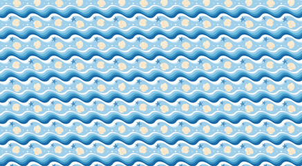Vector Seamless Coastal Pattern Featuring Gentle Ocean Waves Starfish and Seashells in Calming Blue Shades