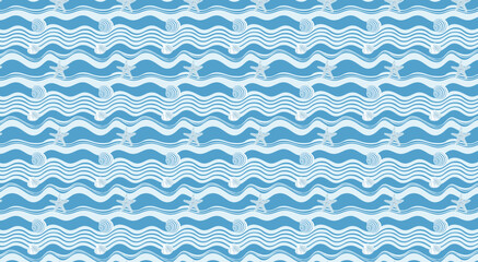 Vector Relaxing Beach Themed Pattern with Flowing Ocean Waves Seashells and Starfish in Soothing Blue Tones