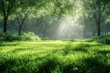 Serene Sunlit Meadow Surrounded by Lush Green Trees and Soft Grass in a Peaceful Forest Landscape