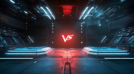 Futuristic neon-lit versus battle stage with blue and red glowing platforms in a dark sci-fi arena

