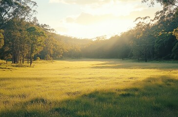 Obraz premium Serene Sunrise over a Lush Meadow Surrounded by Tall Trees and Gentle Rolling Hills under a Clear Blue Sky in a Peaceful Natural Landscape