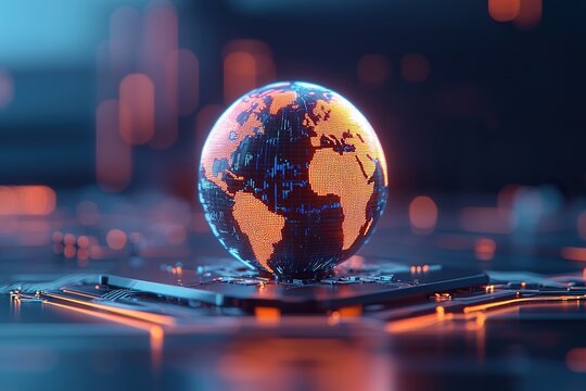 Glowing digital globe representing technology and global connectivity.