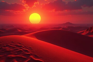 Crimson sun dips below colossal dunes, casting long shadows, golden hour, arid