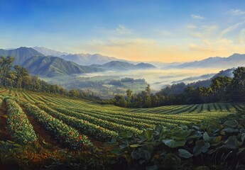 Fototapeta premium Serene Sunrise Over Lush Agricultural Fields and Rolling Mountains in Tranquil Landscape Painting