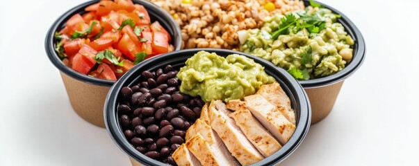 Delicious prepped taco bowls featuring black beans chicken and guacamole in kitchen food photography fresh ingredients vibrant