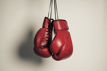 A pair of vintage red leather boxing gloves hang from cords against a light gray background. The gloves show wear, suggesting past use in boxing or martial arts.