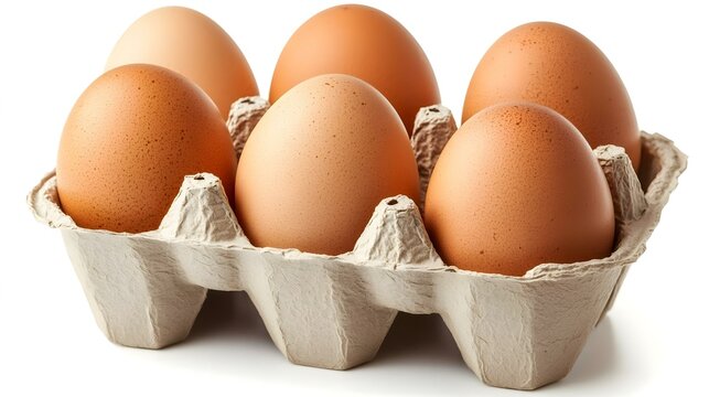 Six brown eggs nestled in cardboard