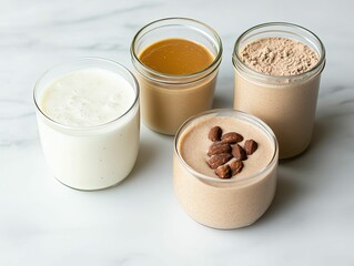 Delicious protein smoothie prep with almond milk and peanut butter kitchen counter food photography cozy home environment top-down view