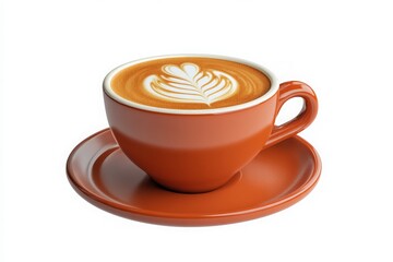 Intricate Latte Art in Vibrant Orange Cup Against a Crisp White Background - Perfect for Coffee Shop Promotions and Lifestyle Blogs