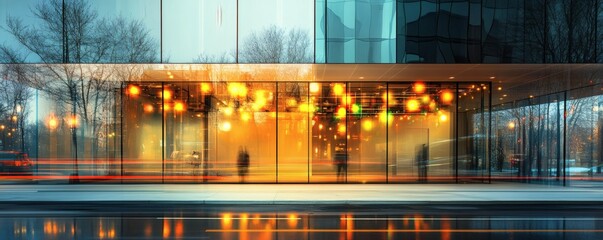 Fototapeta premium Modern building facade reflecting city lights and motion blurred traffic