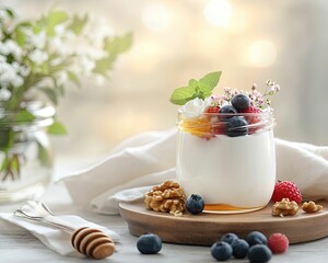Rustic breakfast setup yogurt parfaits with nuts and berries cozy kitchen food photography natural light healthy eating