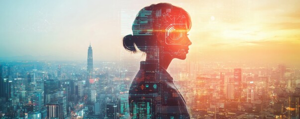 A womans silhouette overlaid on a futuristic cityscape scene
