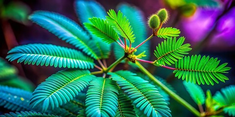 Fototapeta premium Surreal Macro Photography: Sensitive Plant's Fern-like Leaves Closing