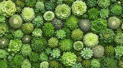 Lush green succulent and cactus wall.