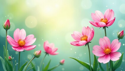 Obraz premium Delicate watercolor pasque flowers, soft petals, lush green leaves , background, garden, romantic