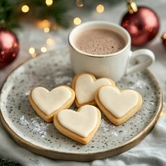 Fototapeta premium Delightful tiny heart and envelope biscuits with hot cocoa cozy kitchen setting dessert photography