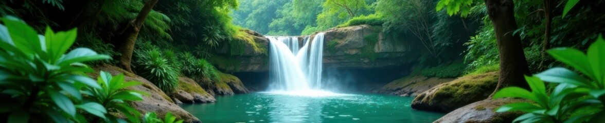 Fototapeta premium Emerald cascade plunges into lush jungle ravine, river, foliage