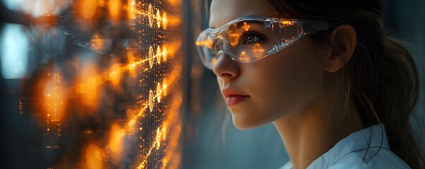 Researcher Manipulating Glowing DNA Strands on Digital Interface for Real Time Data Encoding and Storage Concept