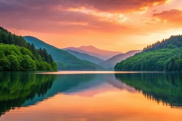 Serene Mountain Lake at Sunset Reflects Vibrant Colors and Lush Green Forests Generative AI