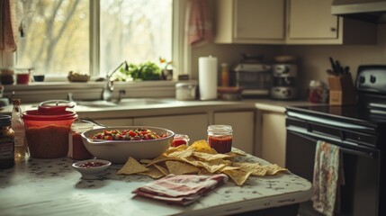 Kitchen scene with prepared chips salsa and food ingredients is presented
