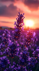 Fototapeta premium Tranquil Lavender Field Stretching Toward Glowing Sunrise Symbolizing Calm and Renewal