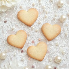 Obraz premium Whimsical flat lay of heart-shaped mini biscuits elegant table setting food photography soft lighting romantic concept