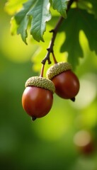 Mature brown acorns hanging from a Holm oak, sunlit , acorn, plant