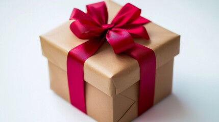 Obraz premium Small Christmas gift box wrapped brown paper with a red ribbon bow isolated on a white background