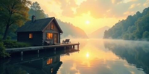 Fototapeta premium Misty morning sun on charming cottage dock overlooking calm lake , serene, house