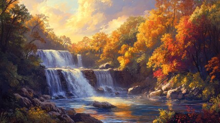 Autumn Waterfall Landscape Golden foliage frames cascading water, tranquil pool, sunset sky; nature calendar