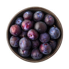 Obraz premium Ripe plums fruits with green leaves isolated on white and transparent background. PNG cutout.