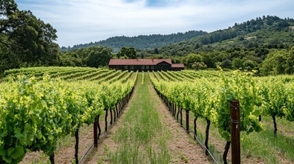 Fototapeta premium Picturesque vineyard landscape with lush rows of grapevines stretching towards rolling hills