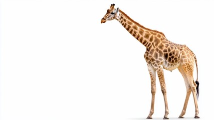 Naklejka premium Tall giraffe stands on white background, looking to the left