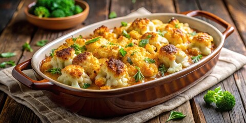 Delectable Roasted Cauliflower Gratin in a Rustic Brown Baking Dish, Garnished with Fresh Herbs