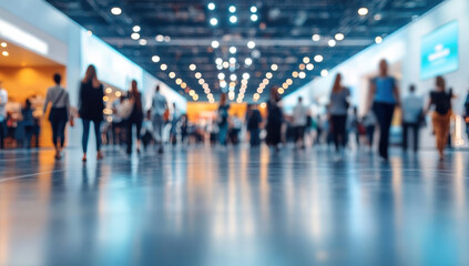 blurred background of indoor exhibition hall filled with people walking. vibrant atmosphere is enhanced by bright lights and sense of activity